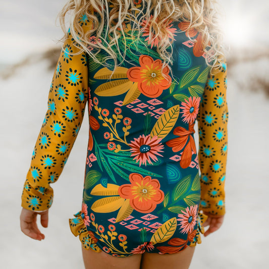 Mia Mustard Tropical Zip Rash Guard Swimsuit