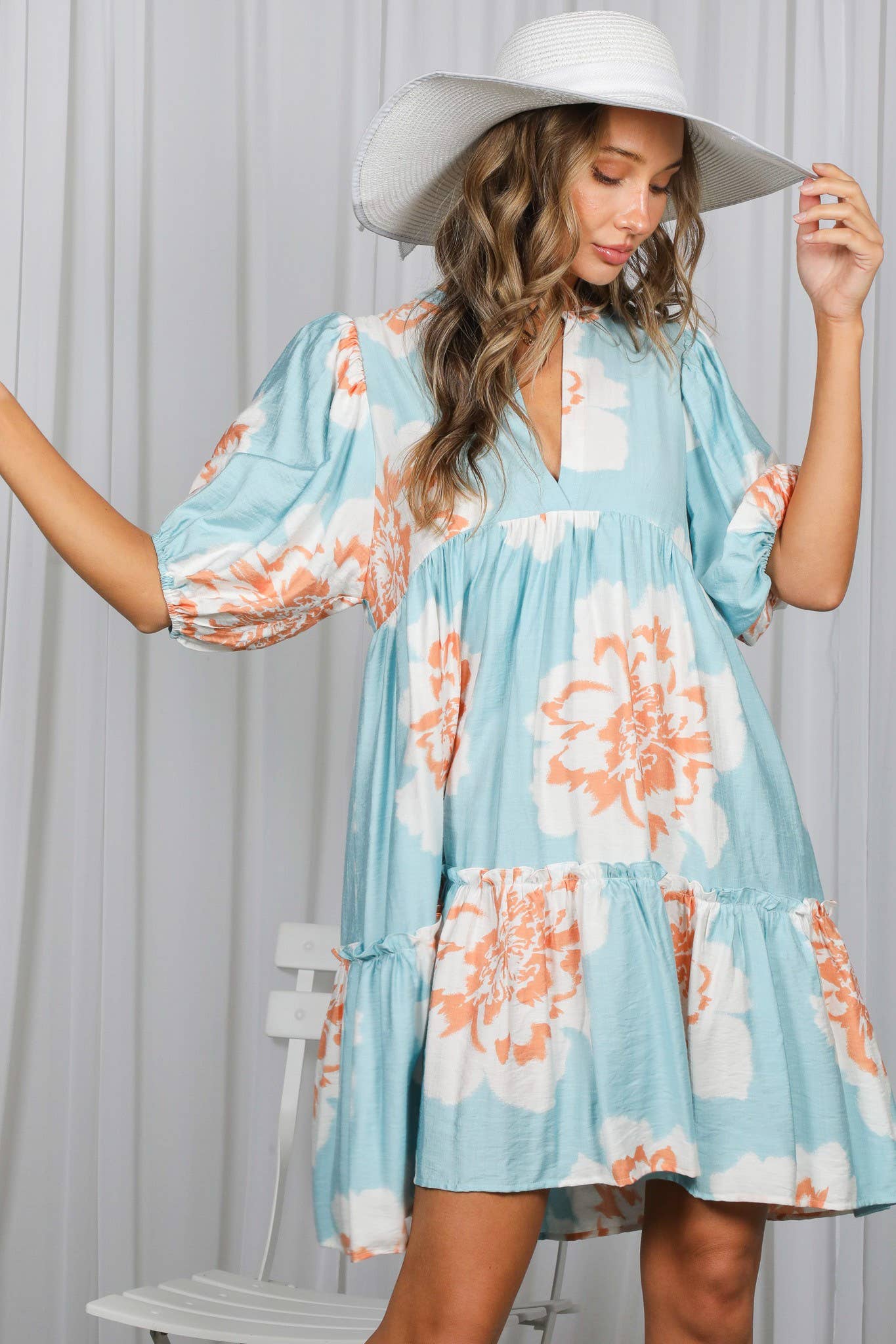 Floral Print V-Neck Tired Baby Doll Casual Dress VD82057P