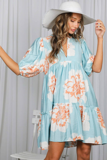 Floral Print V-Neck Tired Baby Doll Casual Dress VD82057P
