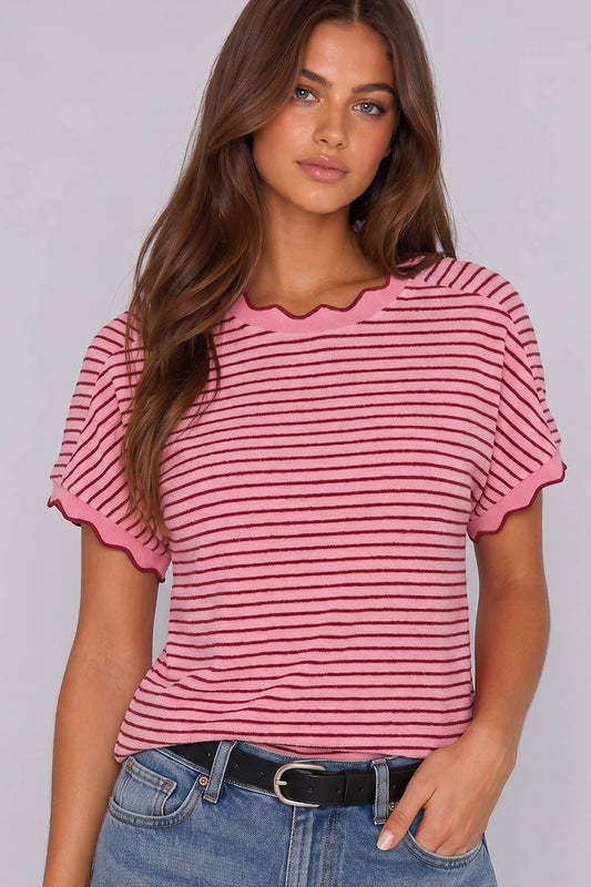 Scallop Trim Stripe Knit Top