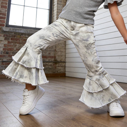 Kids Winter White Camo Denim Double Ruffle Jeans Pants