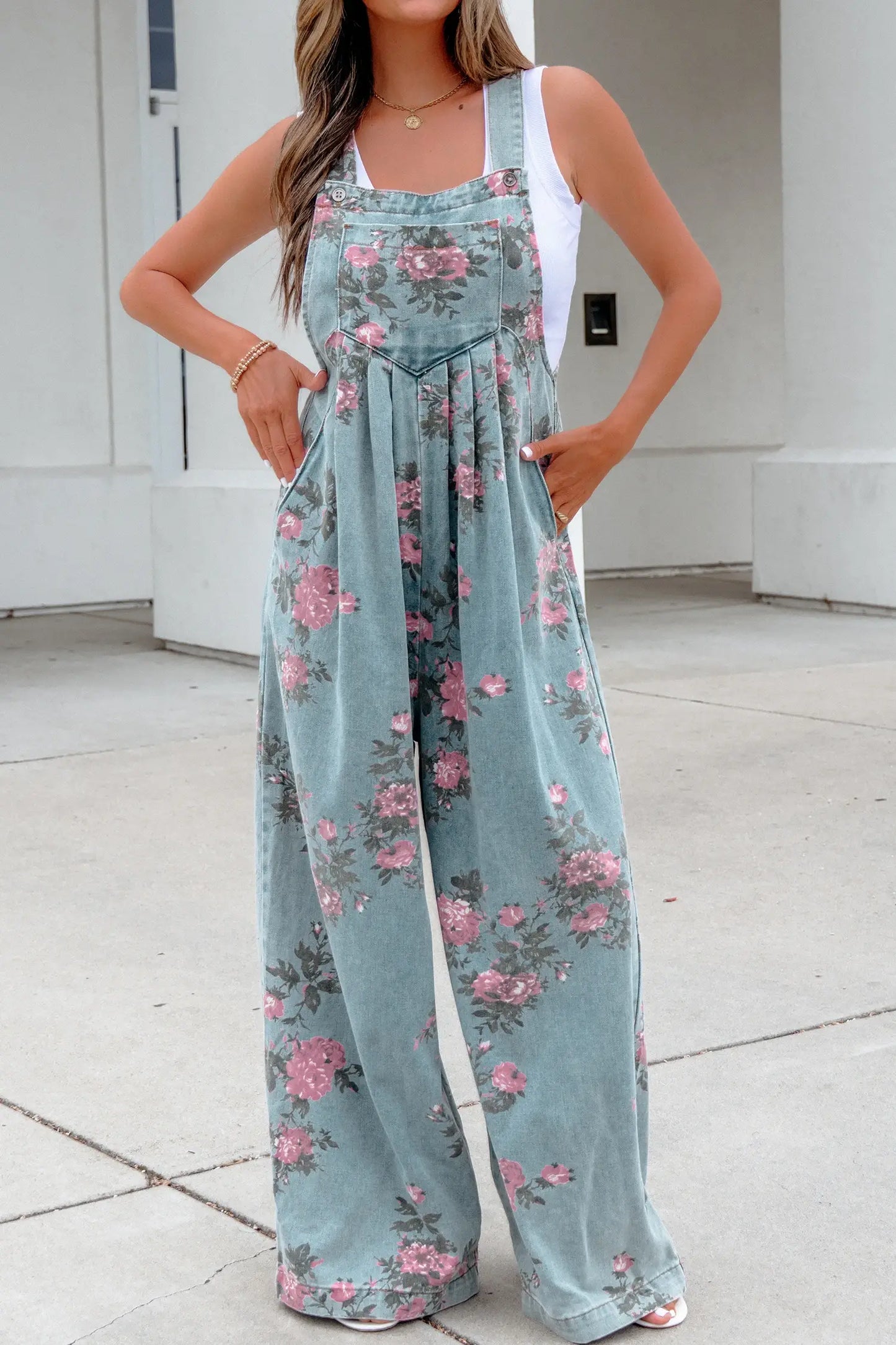 Beau Floral Print Pleated High Waist Wide Leg Denim Jumpsuit