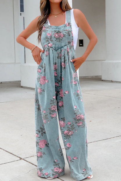 Beau Floral Print Pleated High Waist Wide Leg Denim Jumpsuit