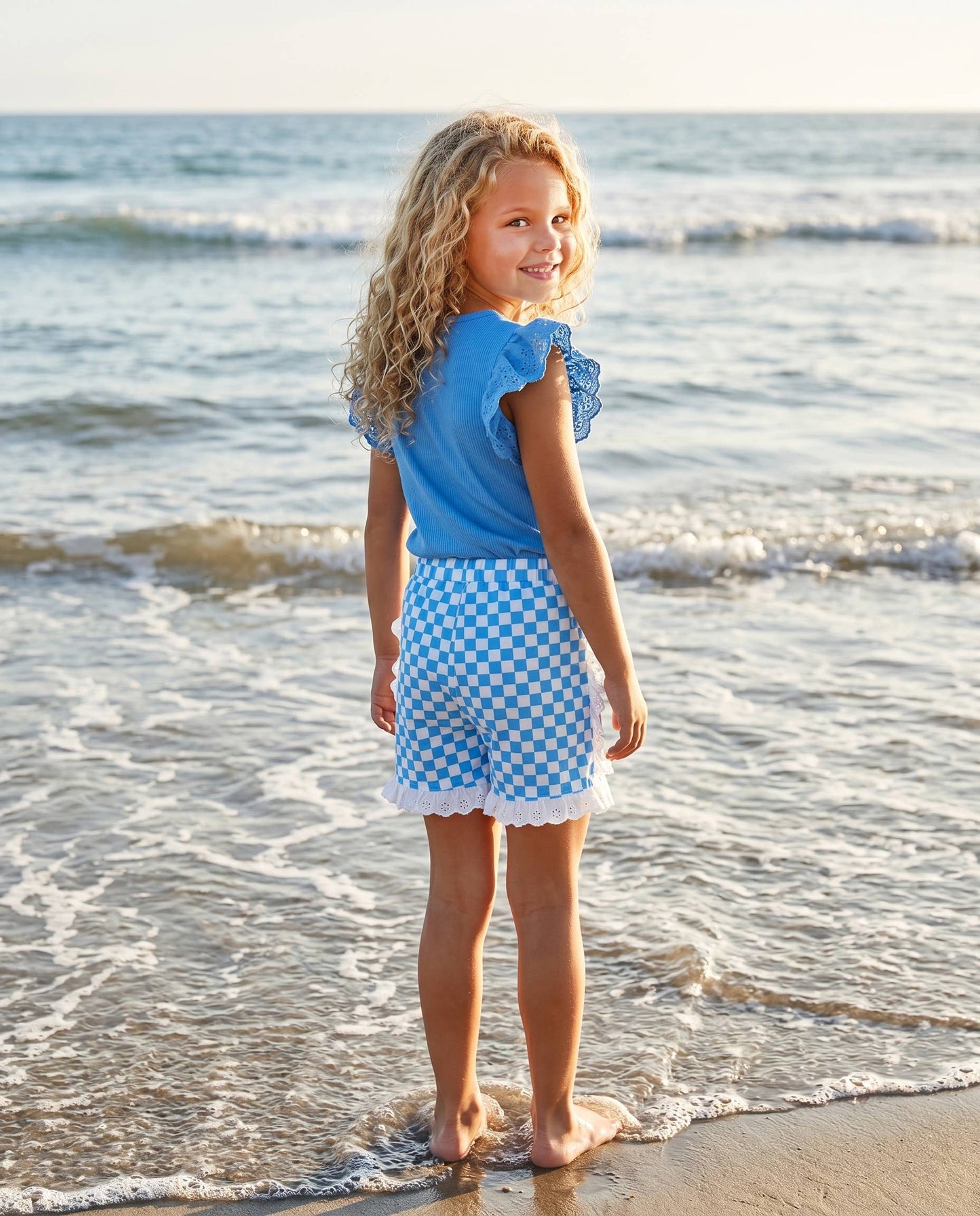 Girls Blue Checkered Lace Ruffle Summer Short Set