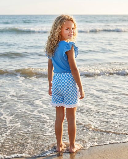 Girls Blue Checkered Lace Ruffle Summer Short Set