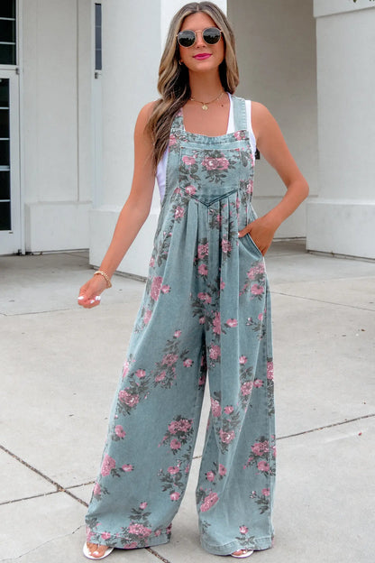 Beau Floral Print Pleated High Waist Wide Leg Denim Jumpsuit