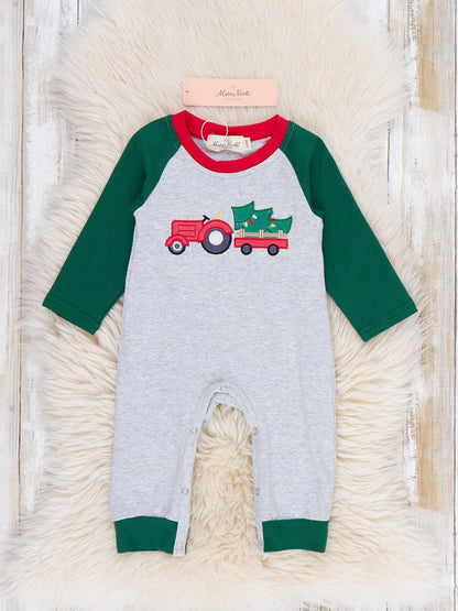 Christmas Tree Tractor Applique Raglan Romper