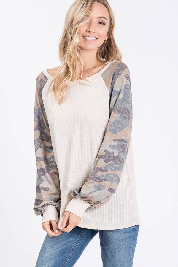 Oatmeal & Camo Contrast Long Sleeve Top