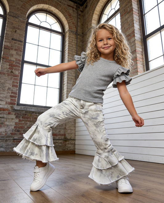 Kids Winter White Camo Denim Double Ruffle Jeans Pants