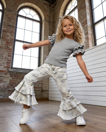 Kids Winter White Camo Denim Double Ruffle Jeans Pants