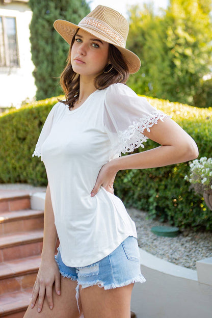 Mesh Flutter Sleeve Knit Jersey Top-2 Colors