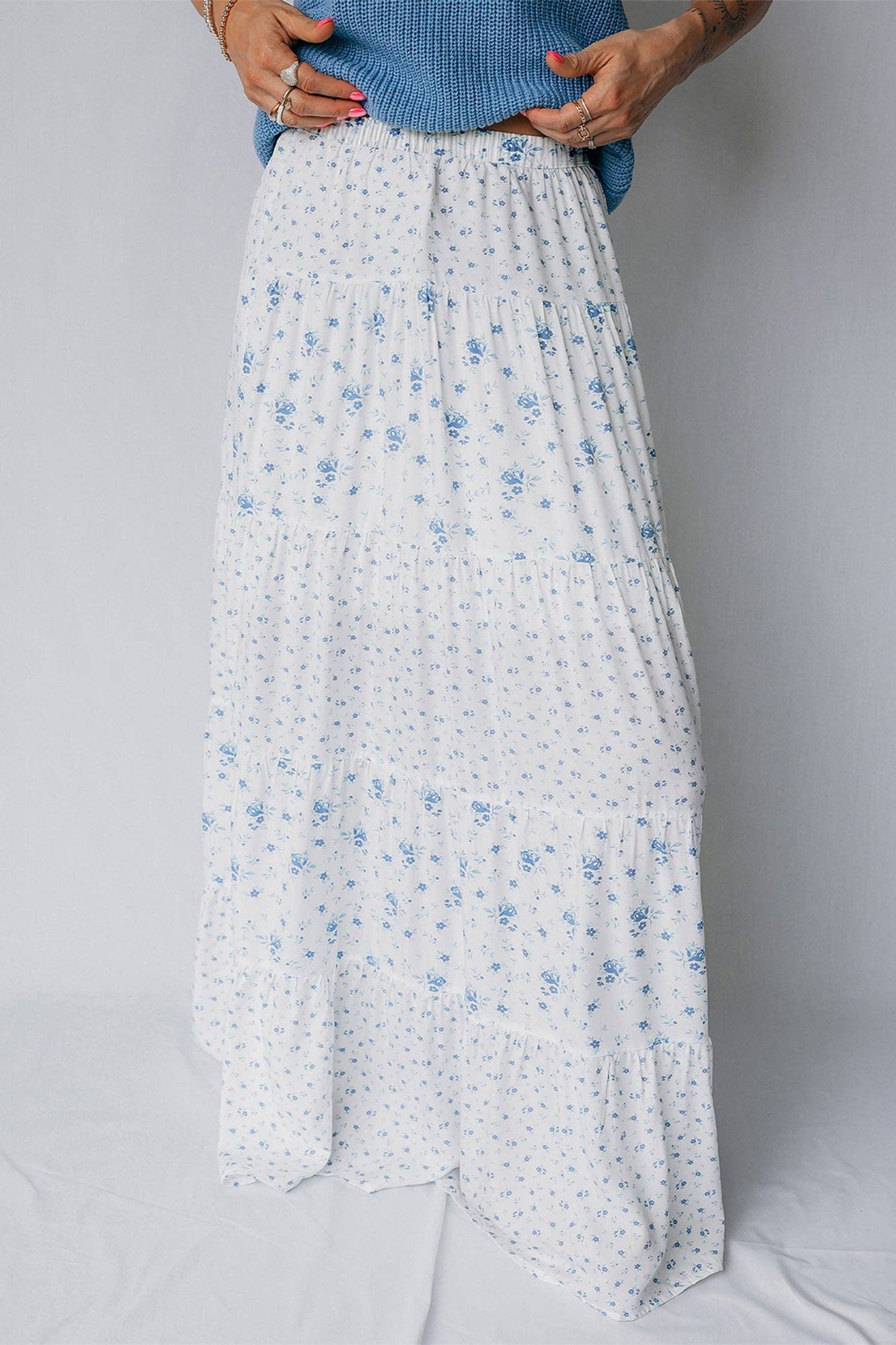 Sky Blue High Waist Tiny Floral Print Boho Maxi Skirt