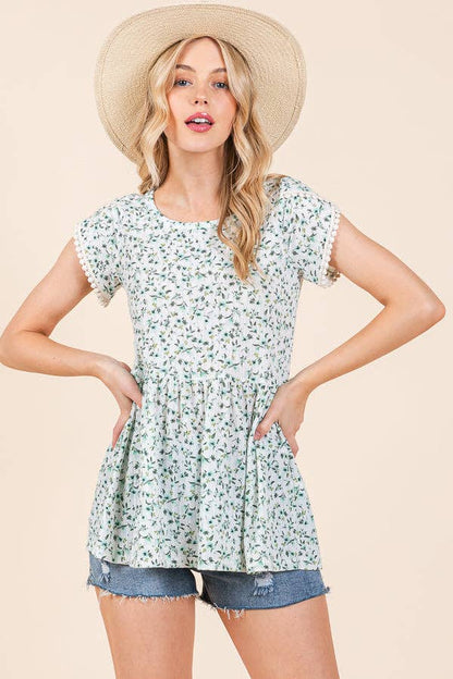 Pointelle Ditsy Flower Tulip Sleeve Top
