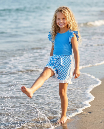 Girls Blue Checkered Lace Ruffle Summer Short Set