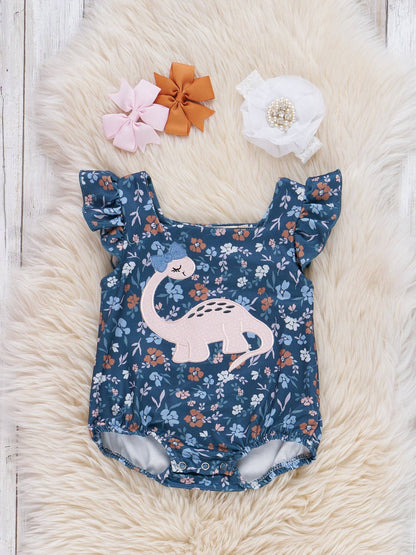 Dino Petal Embroidered Ruffle Bubble Romper