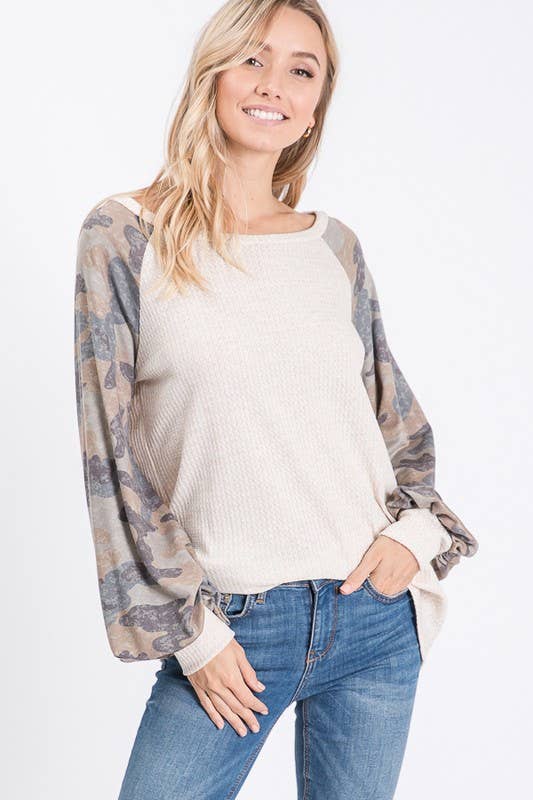 Oatmeal & Camo Contrast Long Sleeve Top