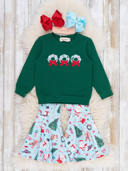 Wreath Wishes Applique Bow Bell Bottom Outfit