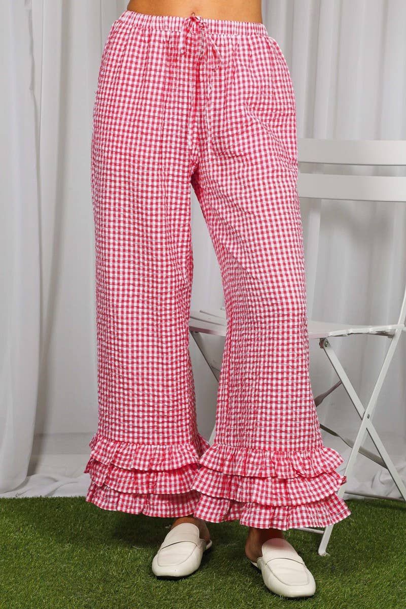 Gingham Layered Ruffle Hem Cropped Pants