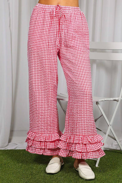 Gingham Layered Ruffle Hem Cropped Pants