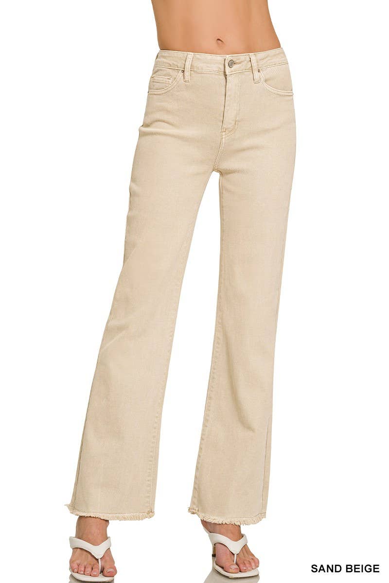 Acid Washed Frayed Cutoff Hem Straight Wide Pants
