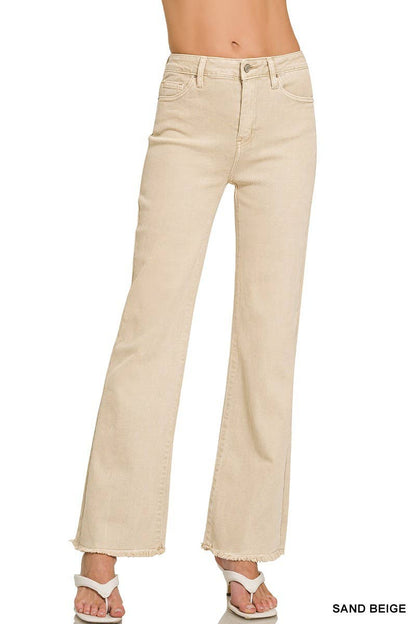 Acid Washed Frayed Cutoff Hem Straight Wide Pants