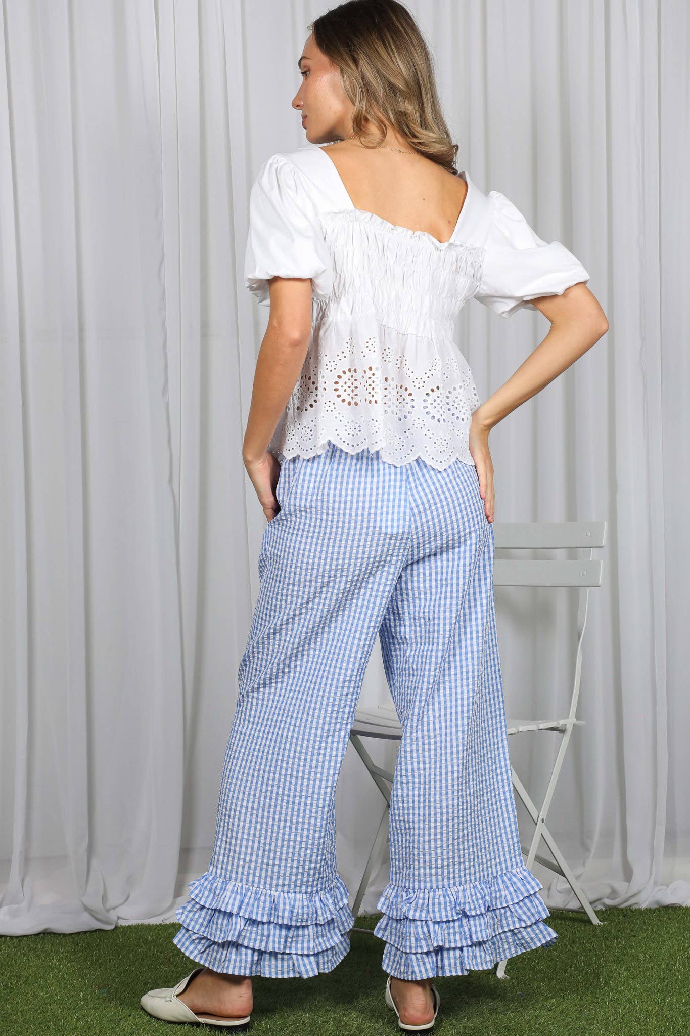 Gingham Layered Ruffle Hem Cropped Pants
