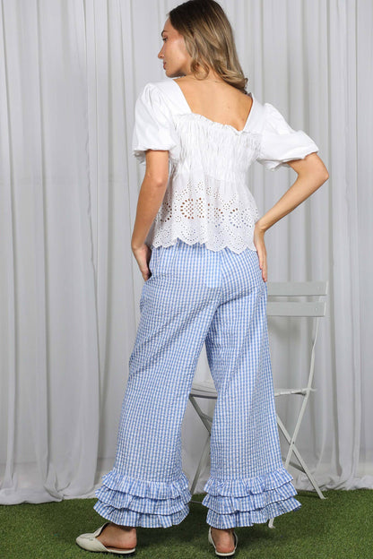 Gingham Layered Ruffle Hem Cropped Pants