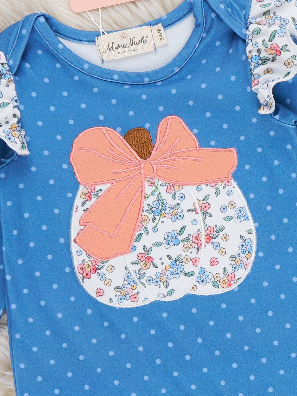 Dotted Pumpkin Bow Embroidered Ruffle Romper