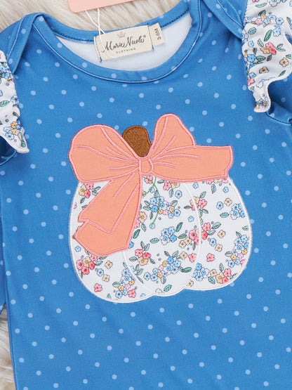 Dotted Pumpkin Bow Embroidered Ruffle Romper