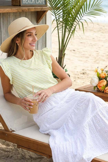 Double Flutter Sleeve Crew Neck 100%Cotton T-Shirt VT82429