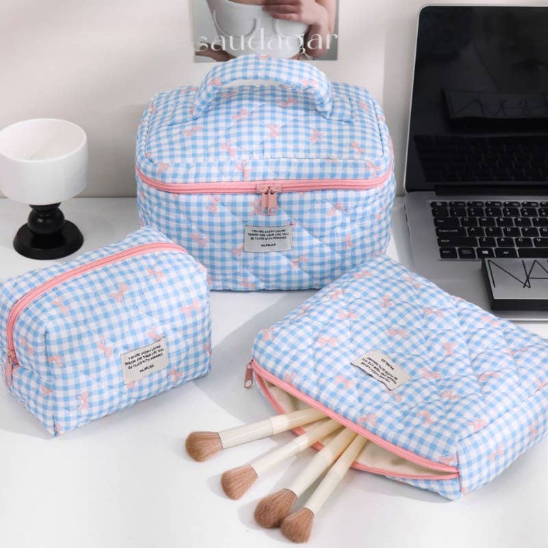Sweet Color Block Plaid Bow Make Up Bag DPB2504