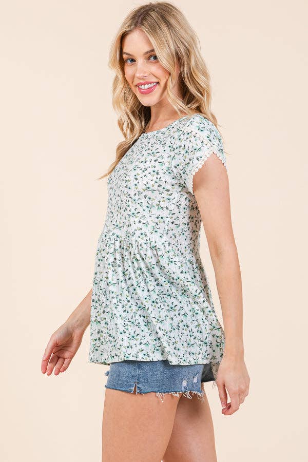 Pointelle Ditsy Flower Tulip Sleeve Top