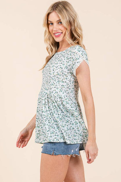Pointelle Ditsy Flower Tulip Sleeve Top