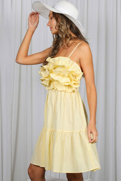 Gingham Ruffle Embellished Detail Knee Dress