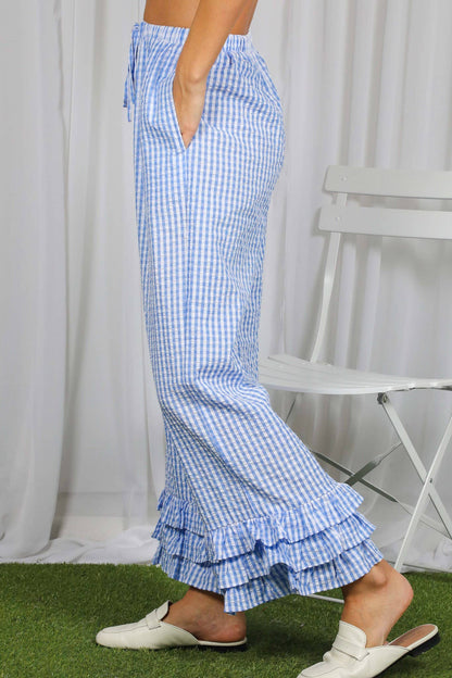 Gingham Layered Ruffle Hem Cropped Pants