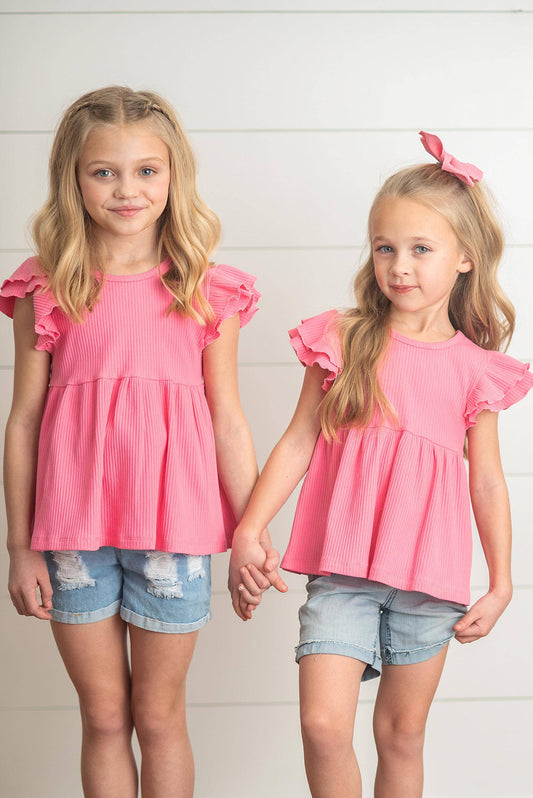 Kids Bright Pink Double Ruffle Flutter Sleeve Summer Shirt