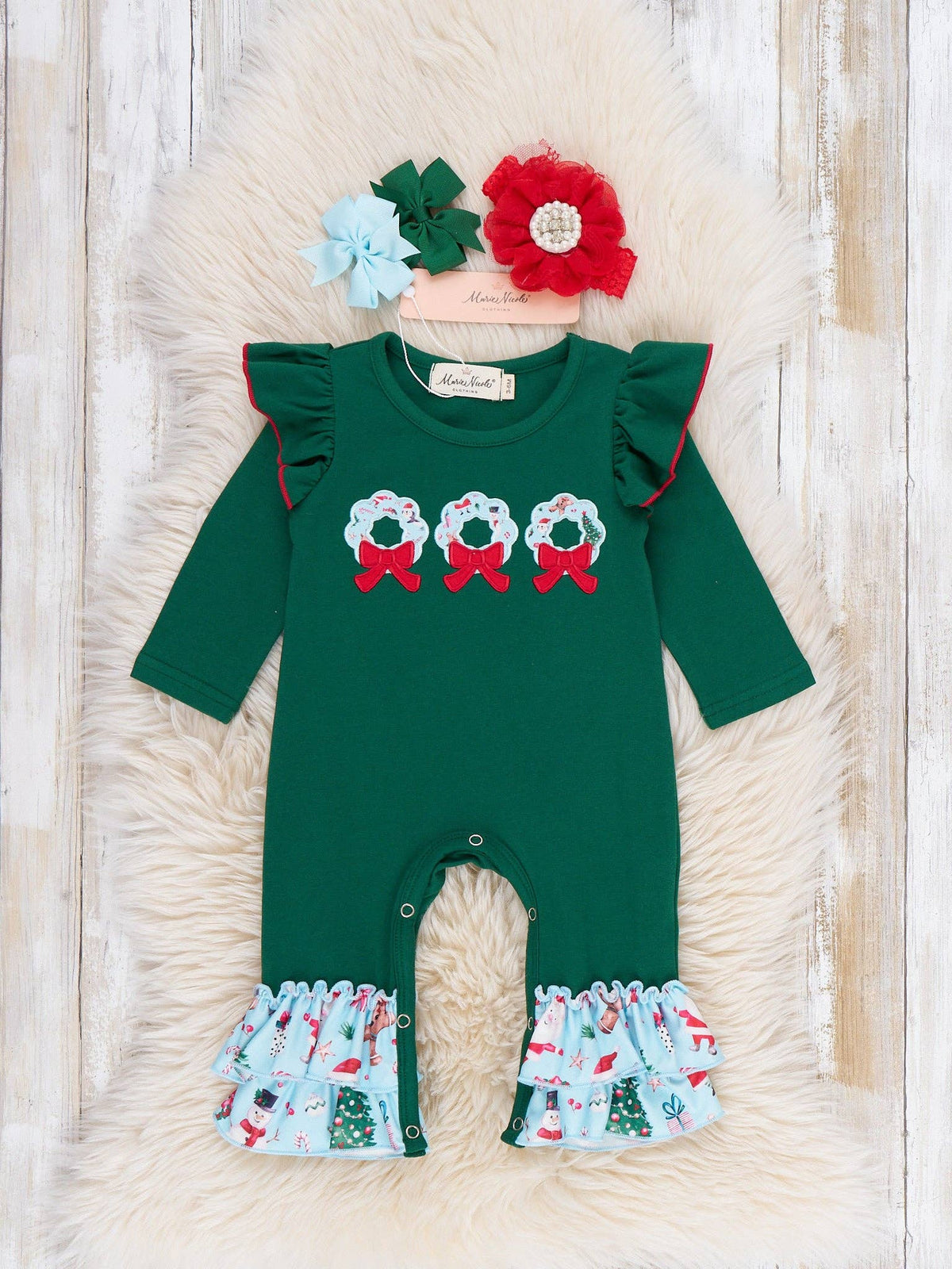 Wreath Wishes Applique Bow Ruffle Romper