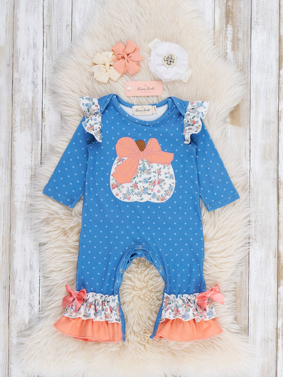 Dotted Pumpkin Bow Embroidered Ruffle Romper