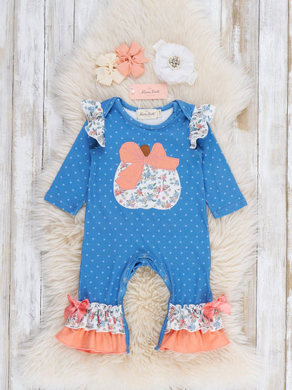 Dotted Pumpkin Bow Embroidered Ruffle Romper