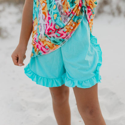 Bright Rainbow Leopard Ruffle Spring Summer Short Set
