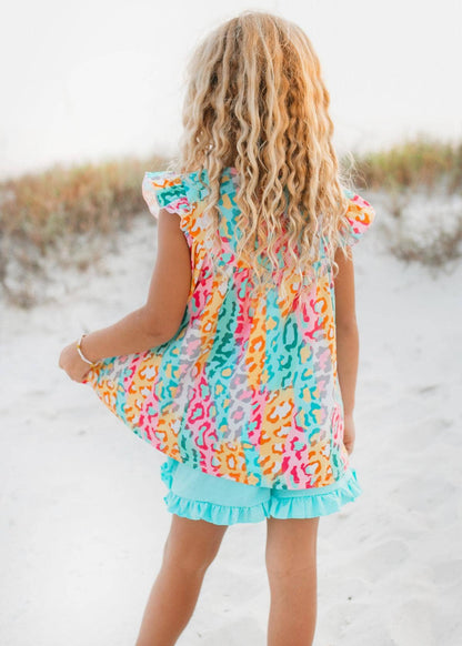 Bright Rainbow Leopard Ruffle Spring Summer Short Set