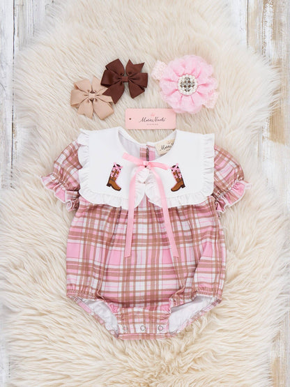 Cowgirl Cutie Boots Embroidered Plaid Romper