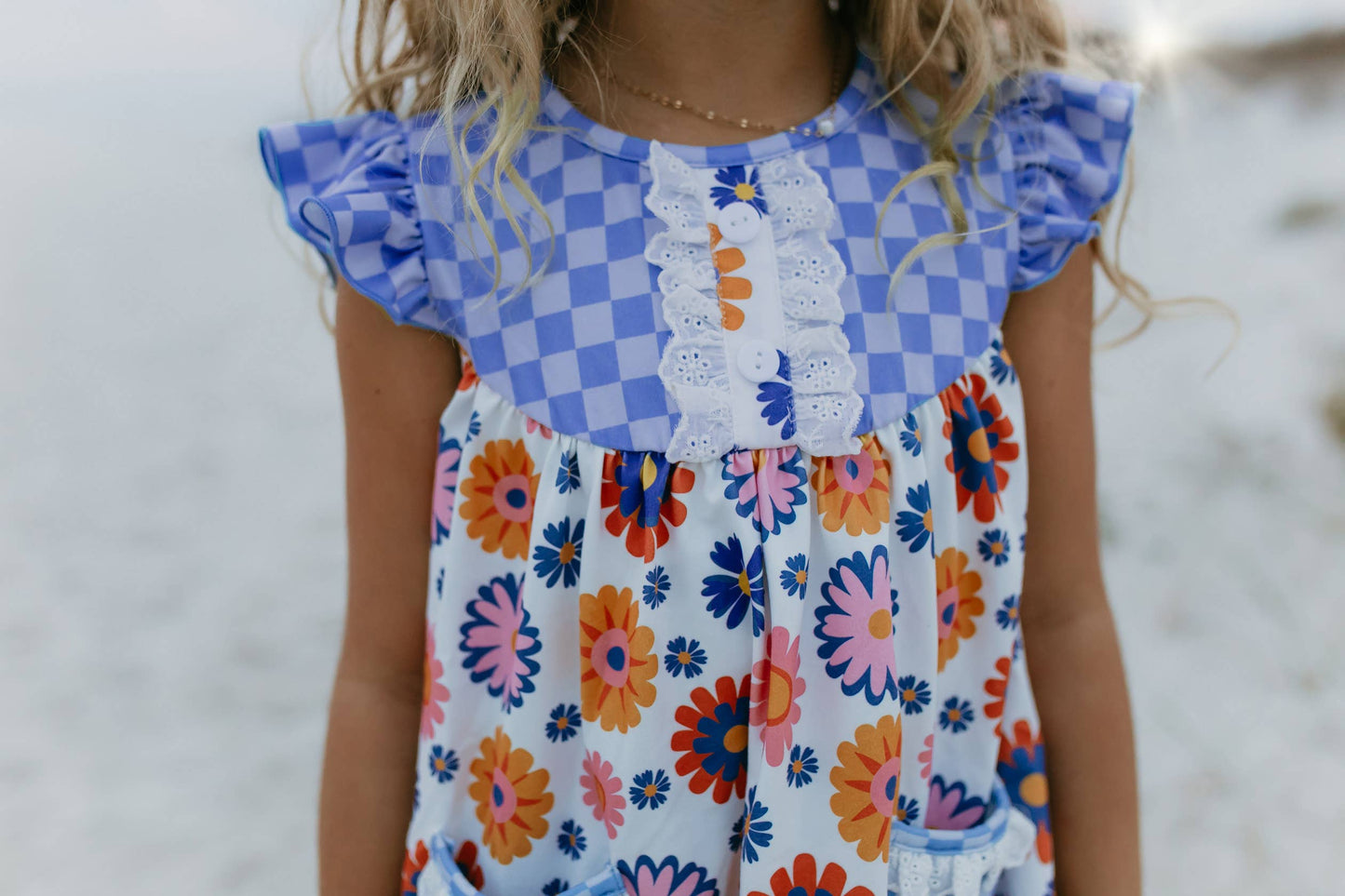 Girls Periwinkle Check Flower Power Spring Summer Short Set