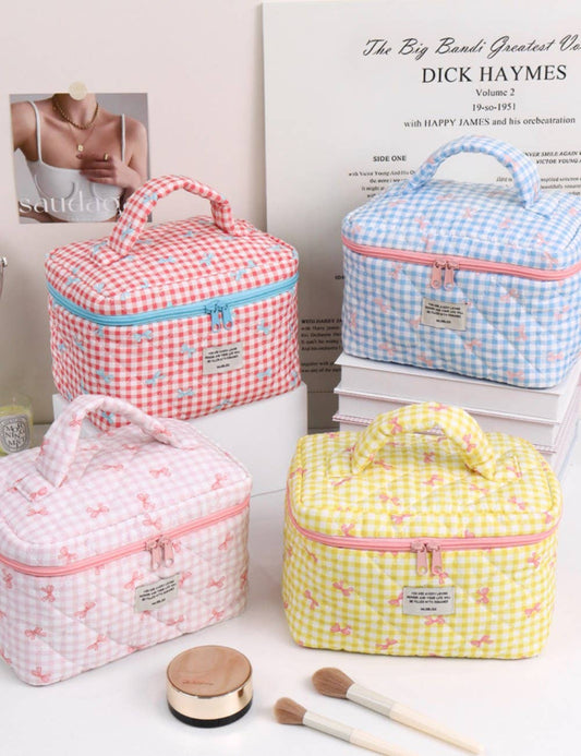Sweet Color Block Plaid Bow Make Up Bag DPB2504