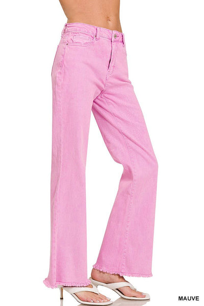Acid Washed Frayed Cutoff Hem Straight Wide Pants