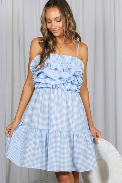 Gingham Ruffle Embellished Detail Knee Dress
