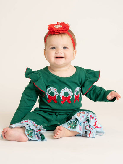 Wreath Wishes Applique Bow Ruffle Romper