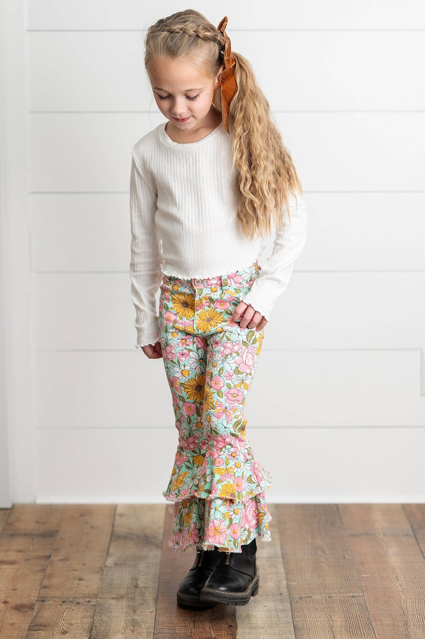 Flower Double Ruffle Denim Jeans