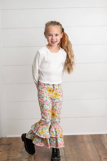 Flower Double Ruffle Denim Jeans