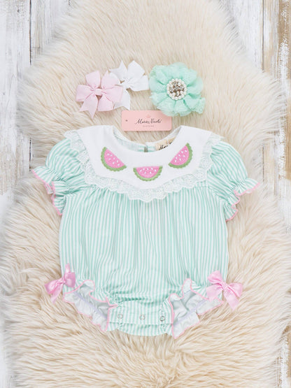 Melon Meadow Embroidered Ruffle Bubble Romper
